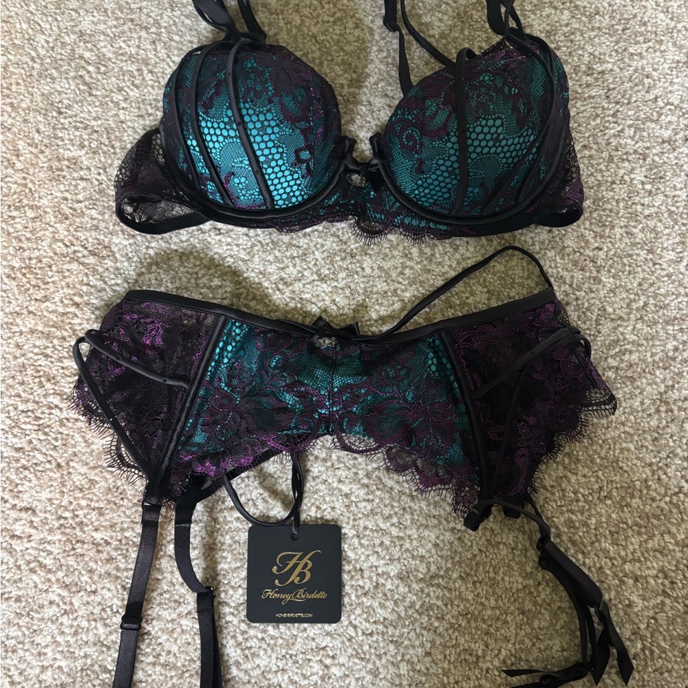 Honey Birdette Teal and Purple Lace Bra Set